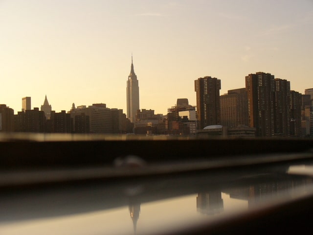 City skyline at sunset across the water